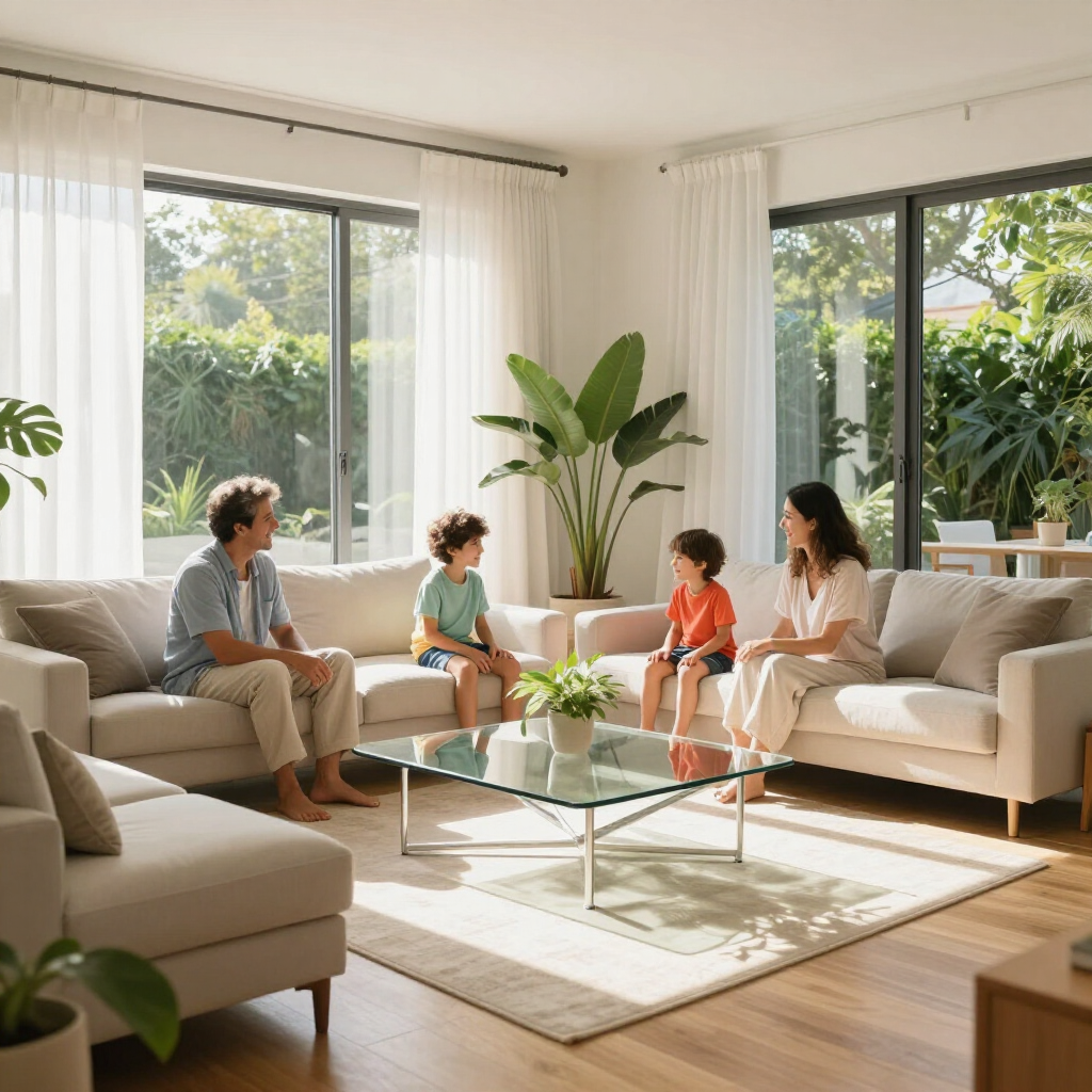 Family sitting and talking in a bright living room with large windows and white sofas