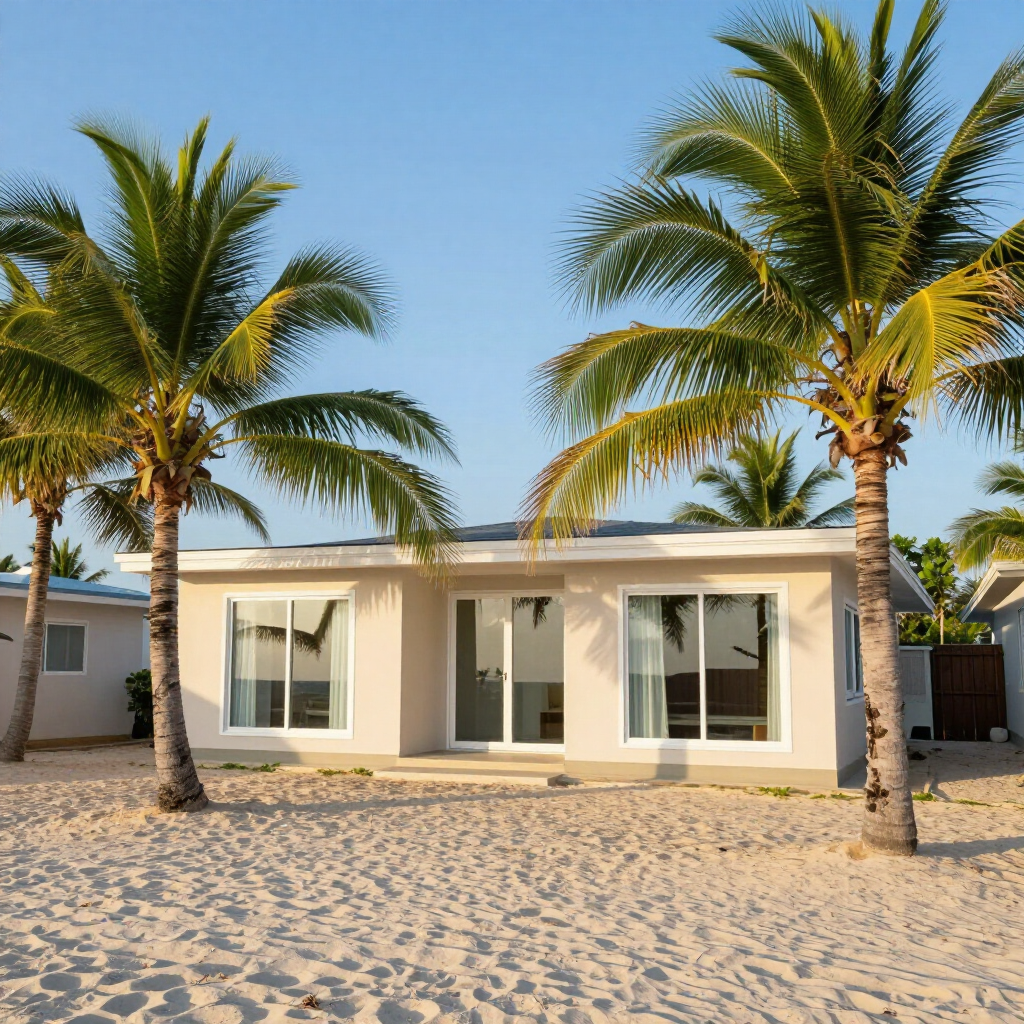 Modern beachfront house framed by palm trees on a sandy lot under a clear blue sky