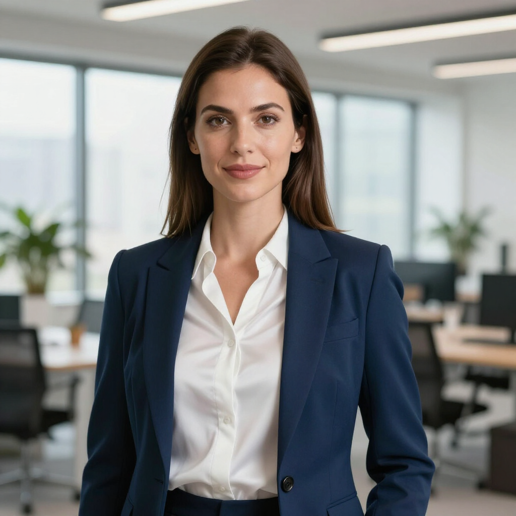 Professional woman in a navy blazer and white blouse standing in a bright office.