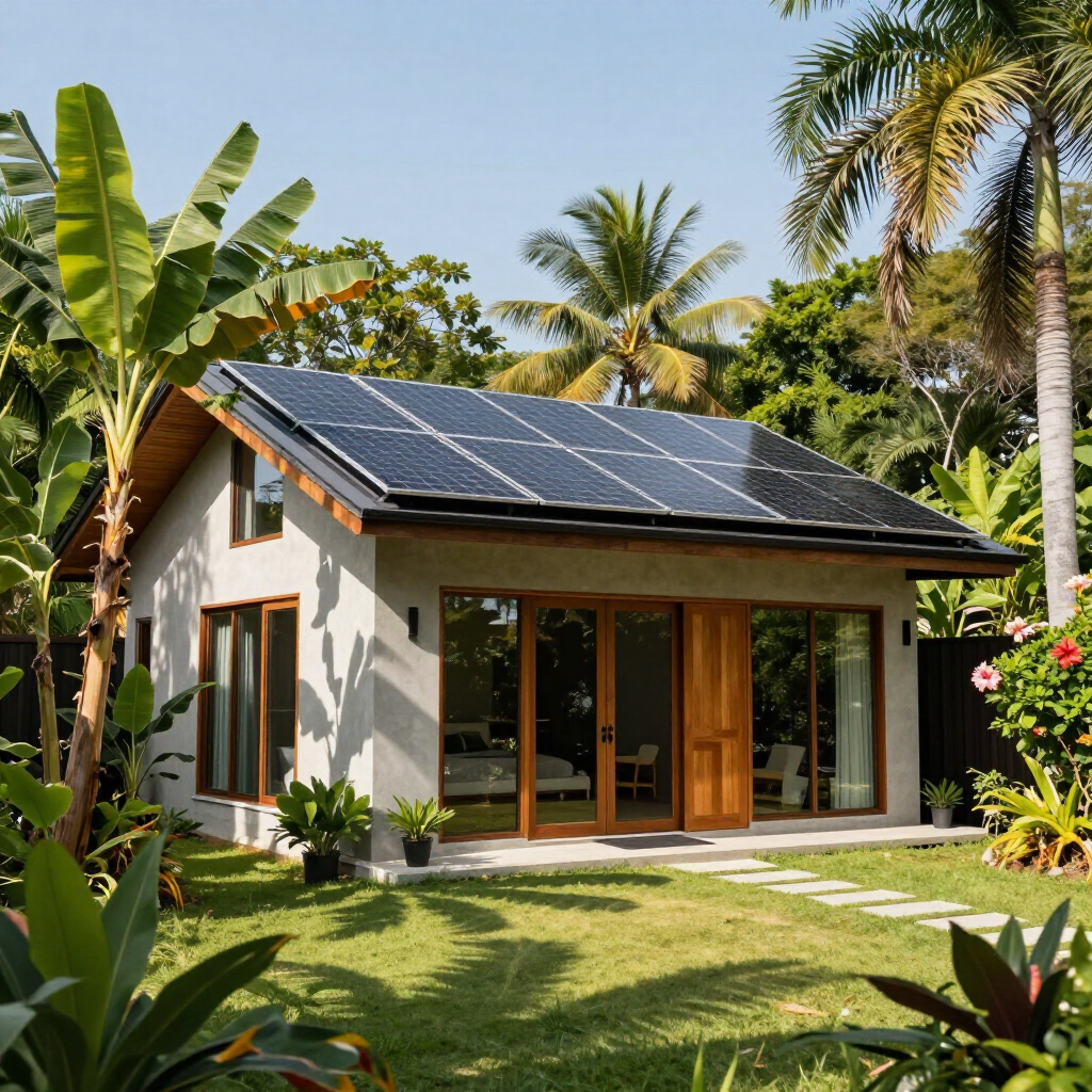 Modern small house with solar panels, surrounded by lush tropical plants and palm trees.