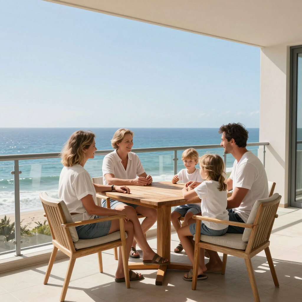 Family sitting at a seaside patio table, with ocean view and bright daylight