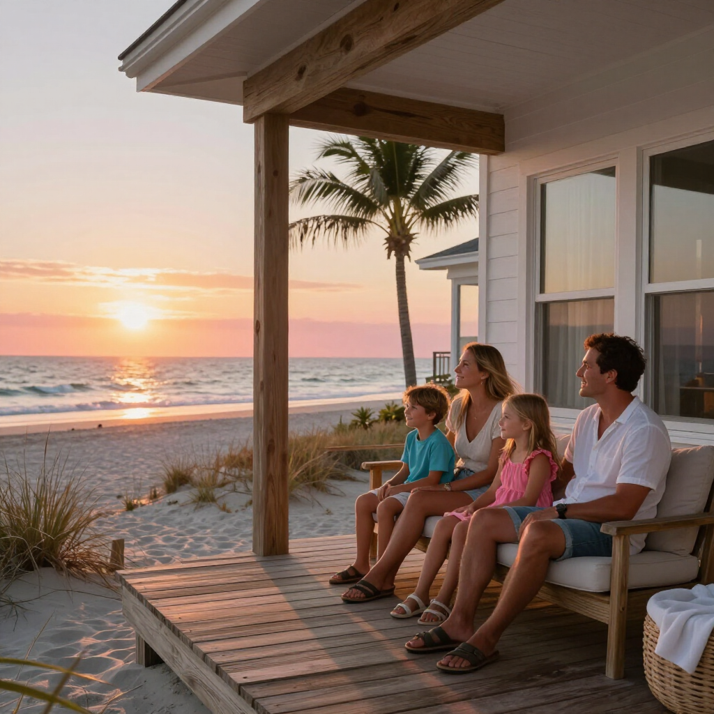 Family sitting on a porch watching the sunset over a quiet beach