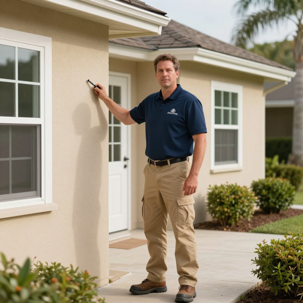 Man inspecting beige house exterior with a hand tool near the front door
