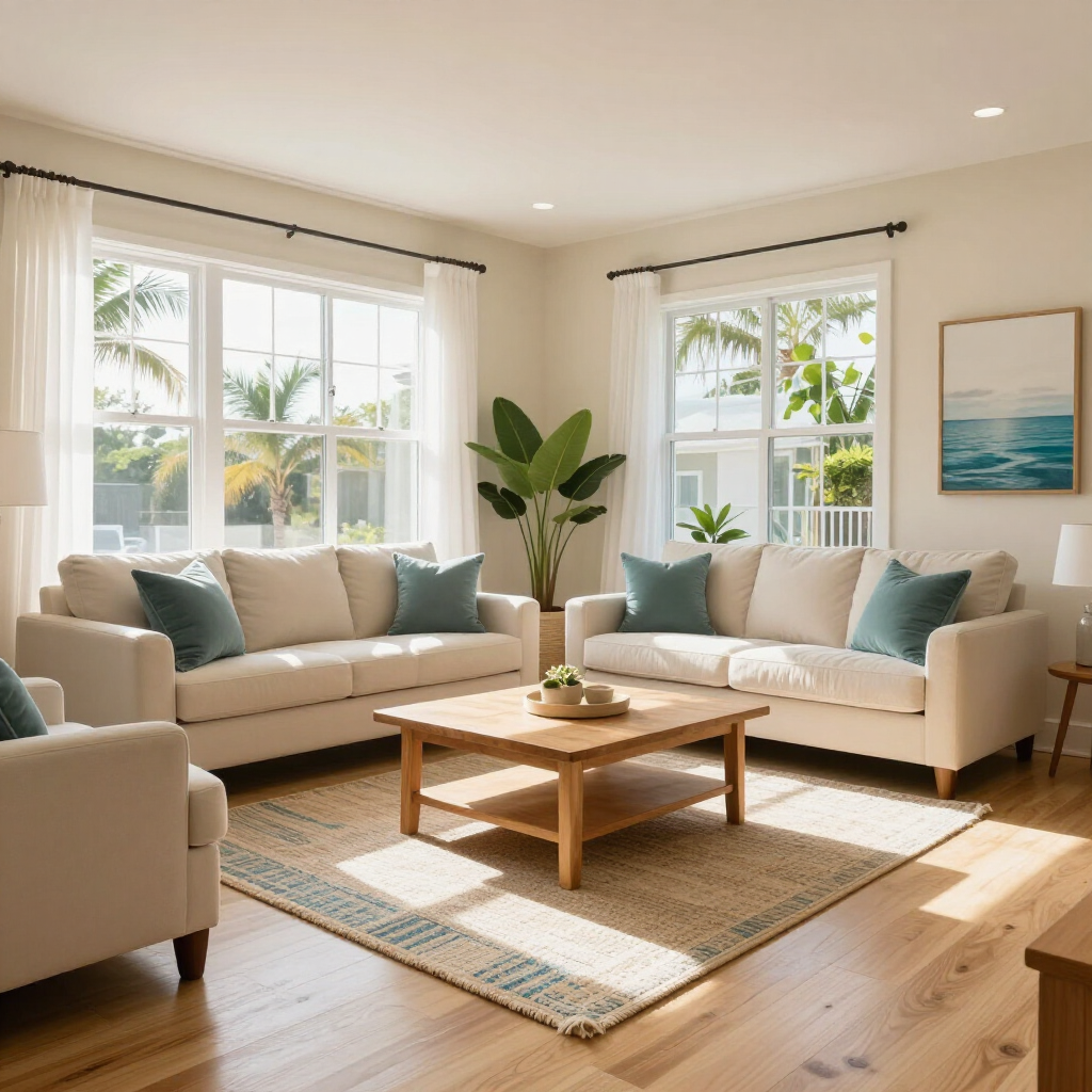 Bright living room with two cream sofas, a wooden coffee table, and large sunlit windows.