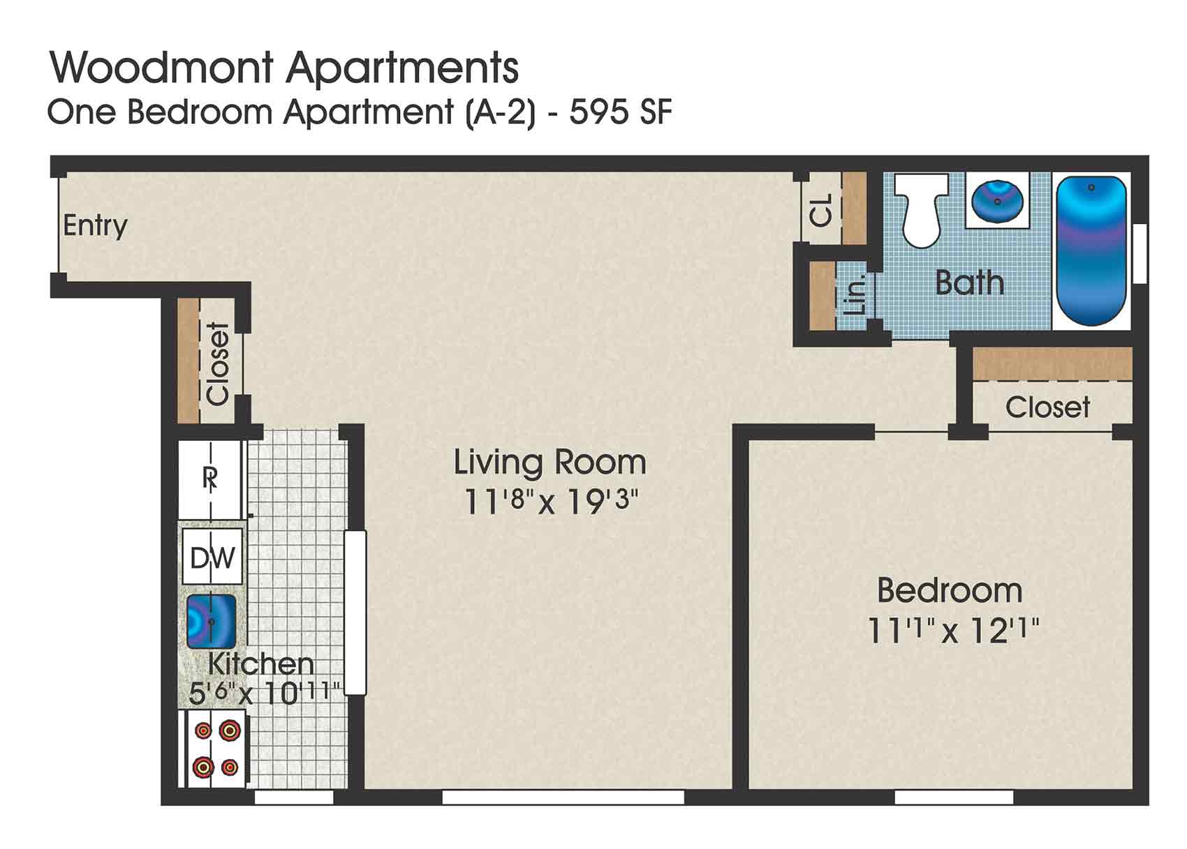 1 bedroom floor plan, 595 square feet