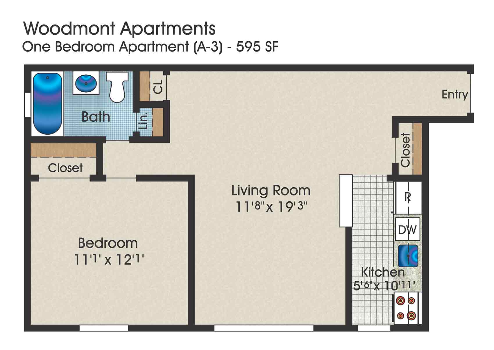 1 bedroom floor plan, 595 square feet