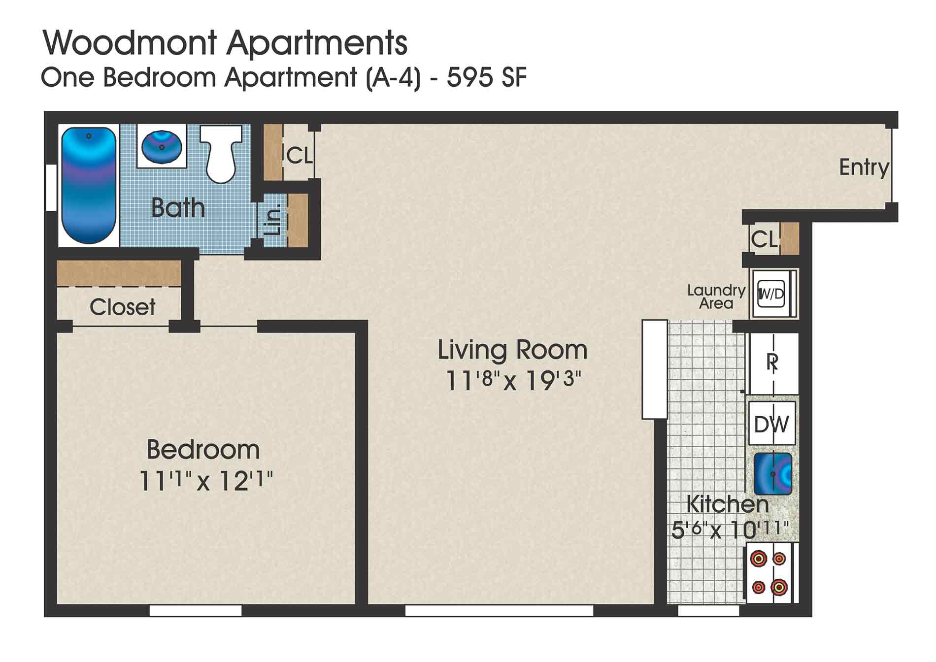 1 bedroom floor plan, 595 square feet