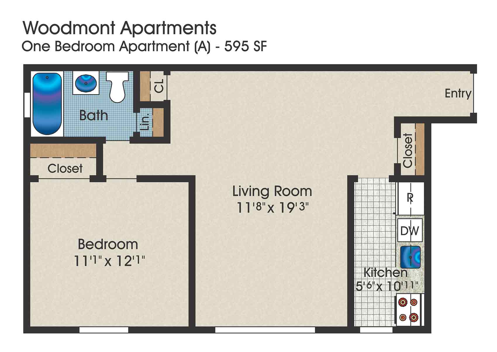 1 bedroom floor plan, 595 square feet