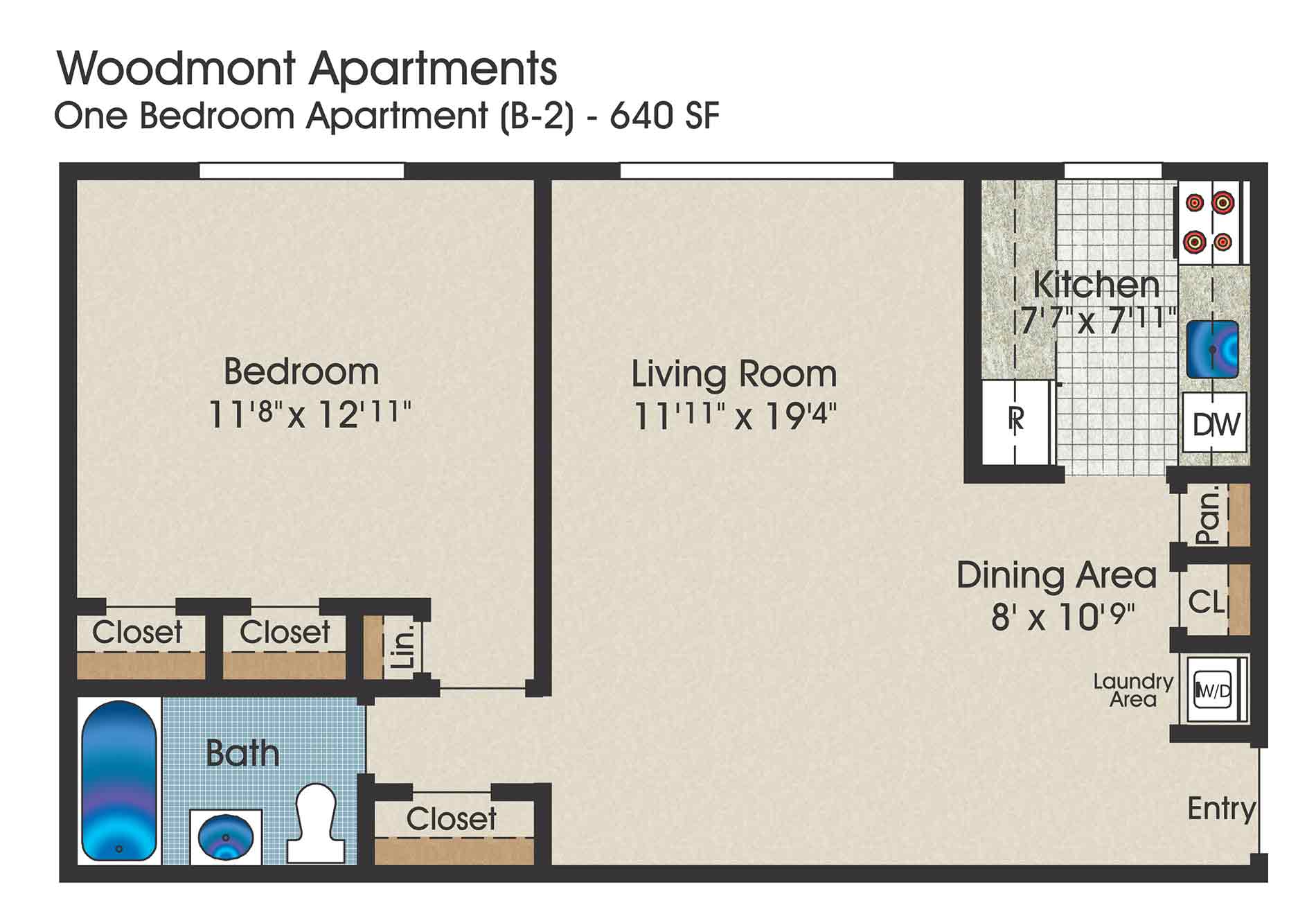 1 bedroom floor plan, 640 square feet