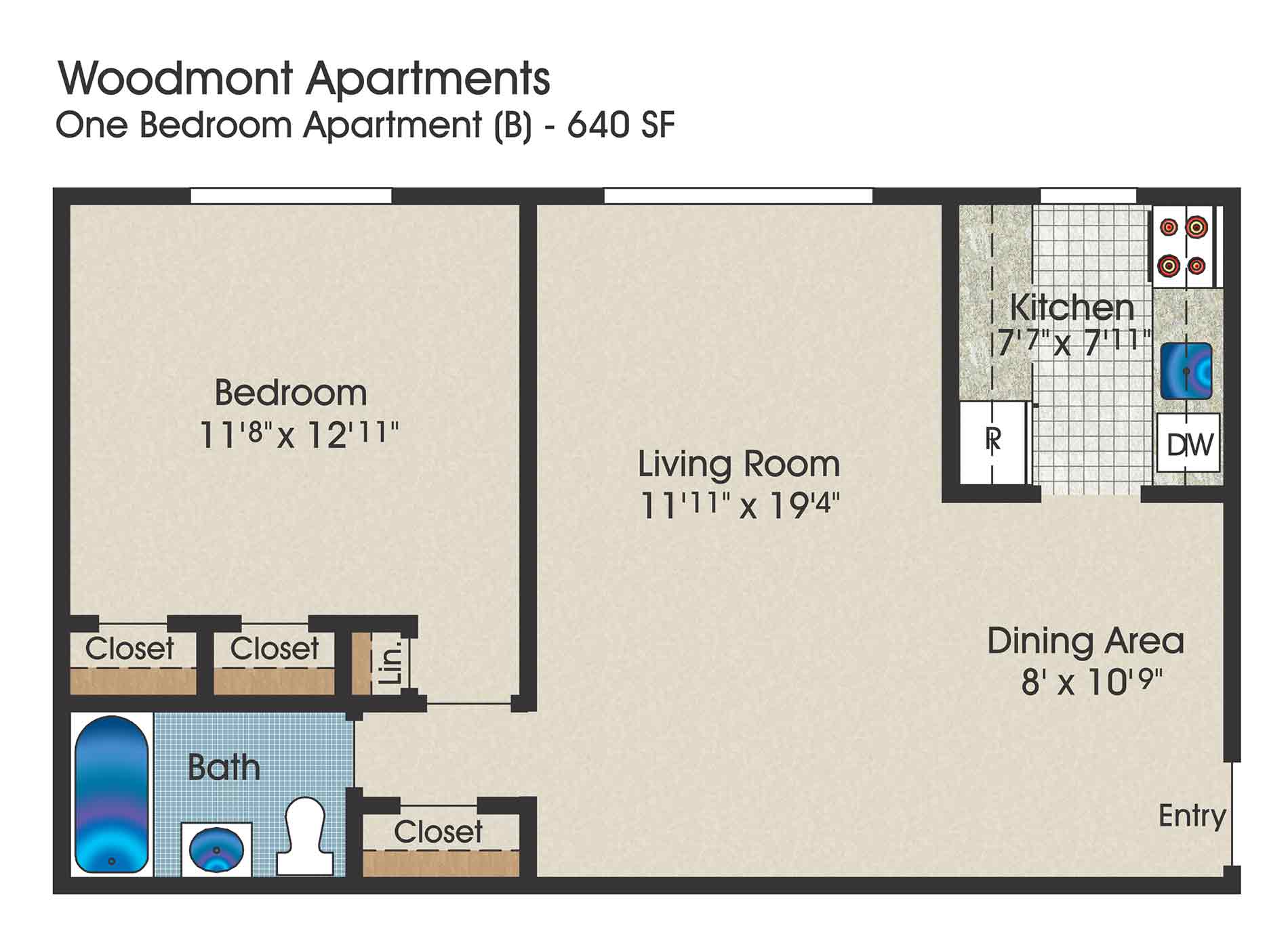 1 bedroom floor plan, 640 square feet
