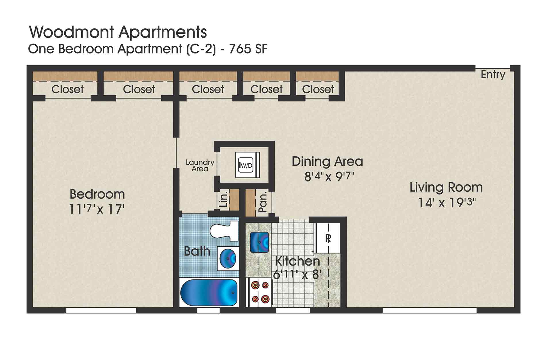 1 bedroom floor plan, 765 square feet