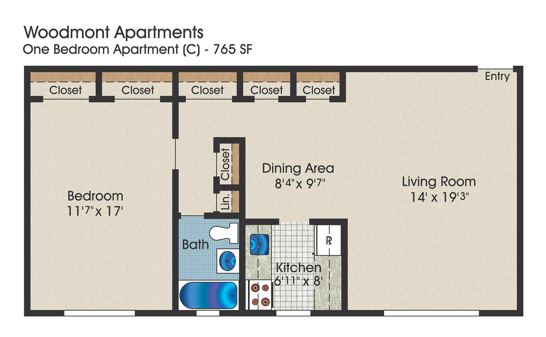 1 bedroom floor plan, 765 square feet