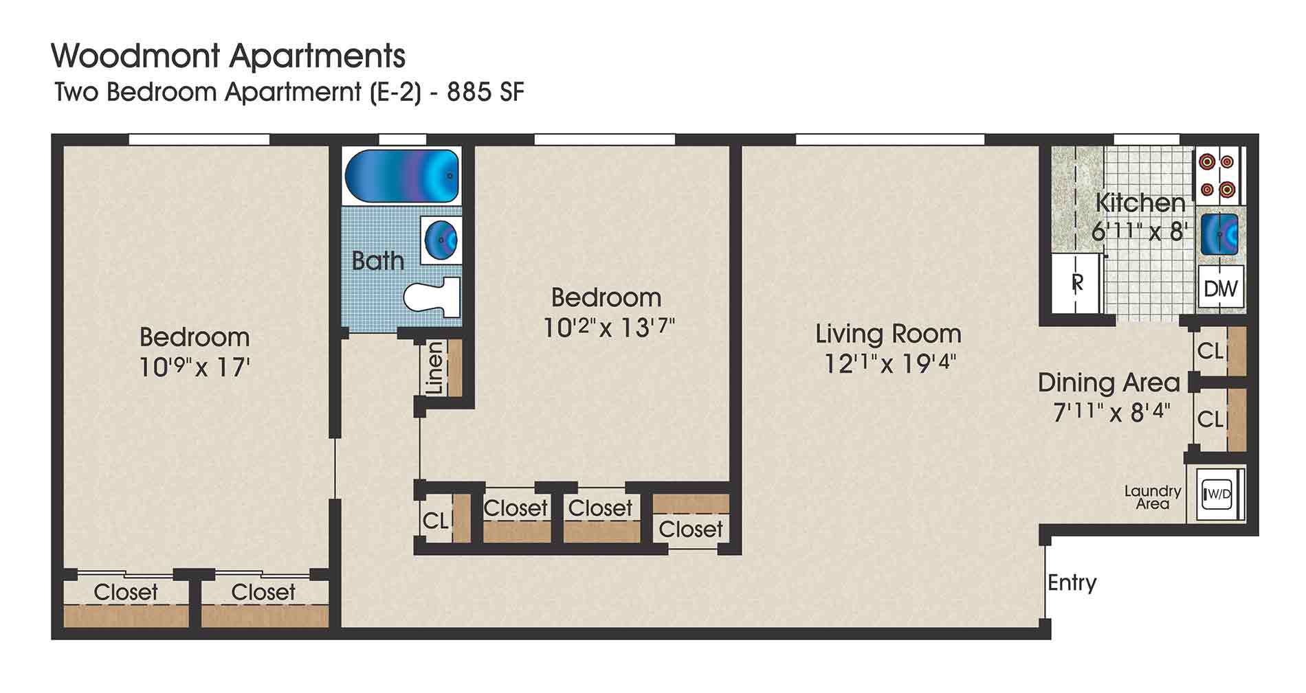 2 bedroom floor plan, 885 square feet