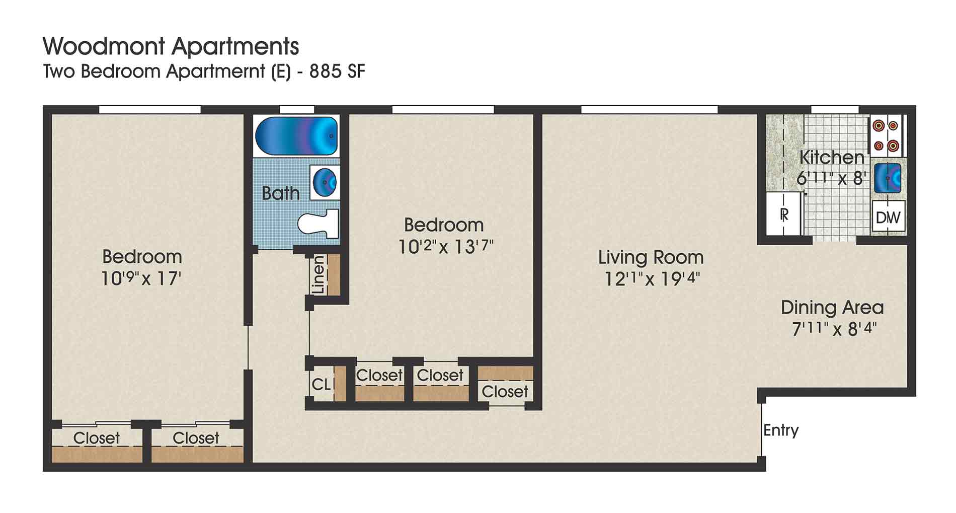 1 bedroom floor plan, 640 square feet