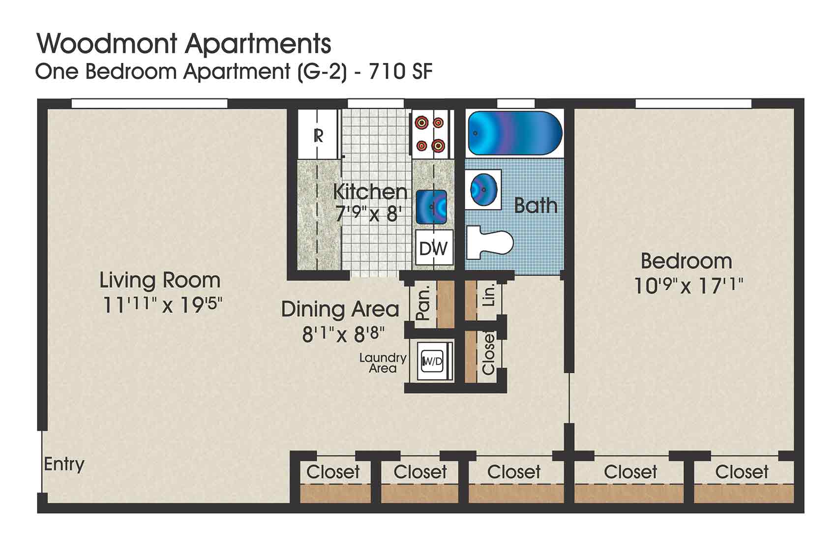 1 bedroom floor plan, 710 square feet