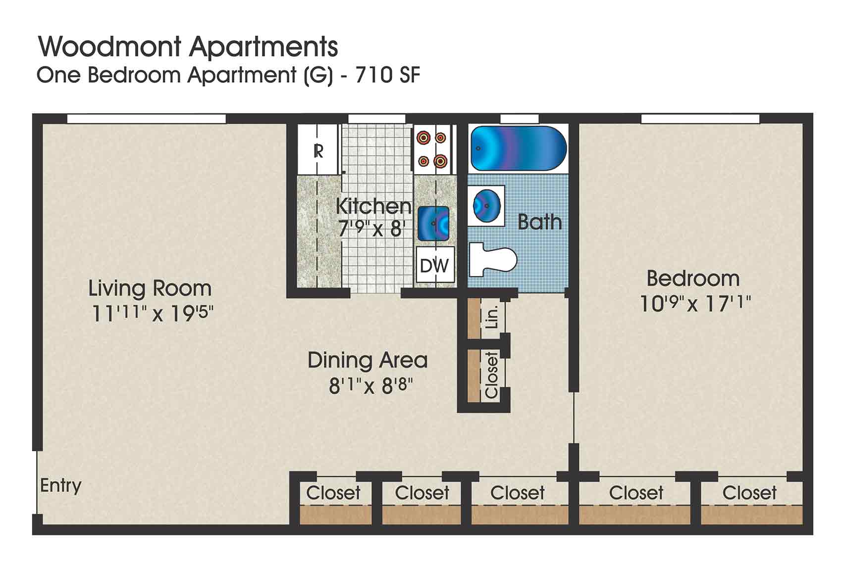 1 bedroom floor plan, 710 square feet
