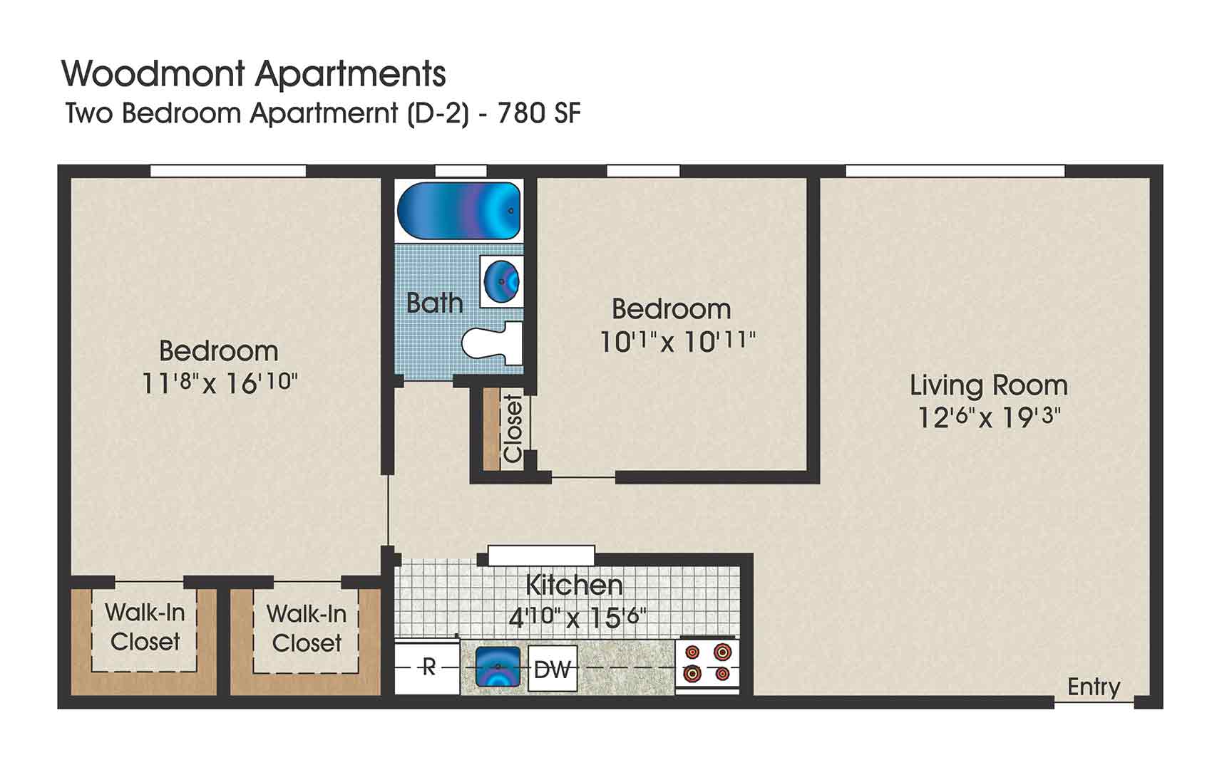 2 bedroom floor plan, 780 square feet