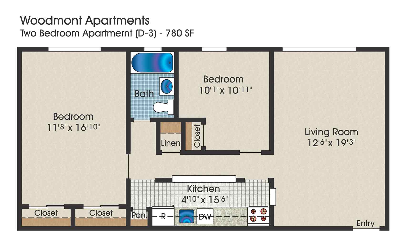 2 bedroom floor plan, 780 square feet