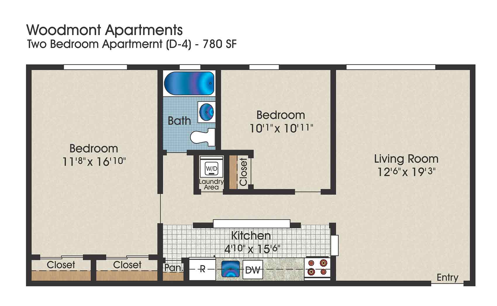 2 bedroom floor plan, 780 square feet