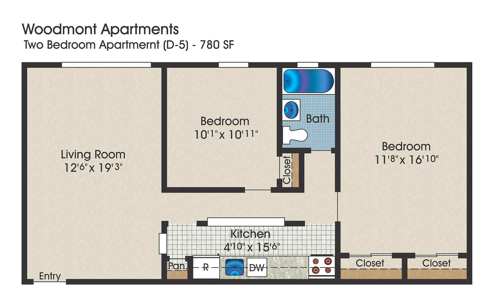 2 bedroom floor plan, 780 square feet
