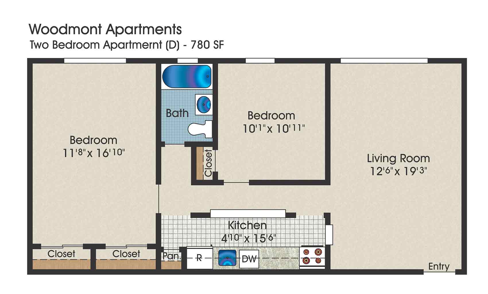 2 bedroom floor plan, 780 square feet