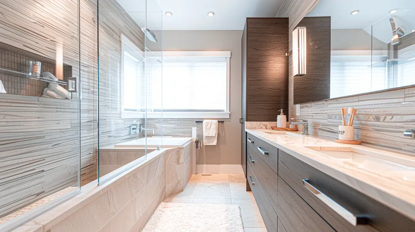 Vancouver BC bathroom remodeling company upgrading plumbing fixtures and LED lighting systems. Porcelain tile shower walls reduce maintenance requirements. Built under full municipal compliance.
Bathroom renovation Vancouver Lower Mainland featuring quartz vanity countertop and matte black faucet fixtures. Slip-resistant tile flooring improves safety. Completed by trusted local remodeling experts.
Vancouver bathroom remodel before and after showcasing full layout transformation and storage optimization. Waterproof membrane installed beneath all tile work. Managed by experienced design-build contractors.
Contemporary bathroom renovation Vancouver including floating vanity and integrated LED mirror. Cement board substrate ensures moisture protection. Ideal for modern West Coast interiors.
Bathroom renovation specialists Vancouver BC performing plumbing rerouting and structural reinforcement. Heated porcelain tile flooring enhances daily comfort. Built to code with inspection approval.