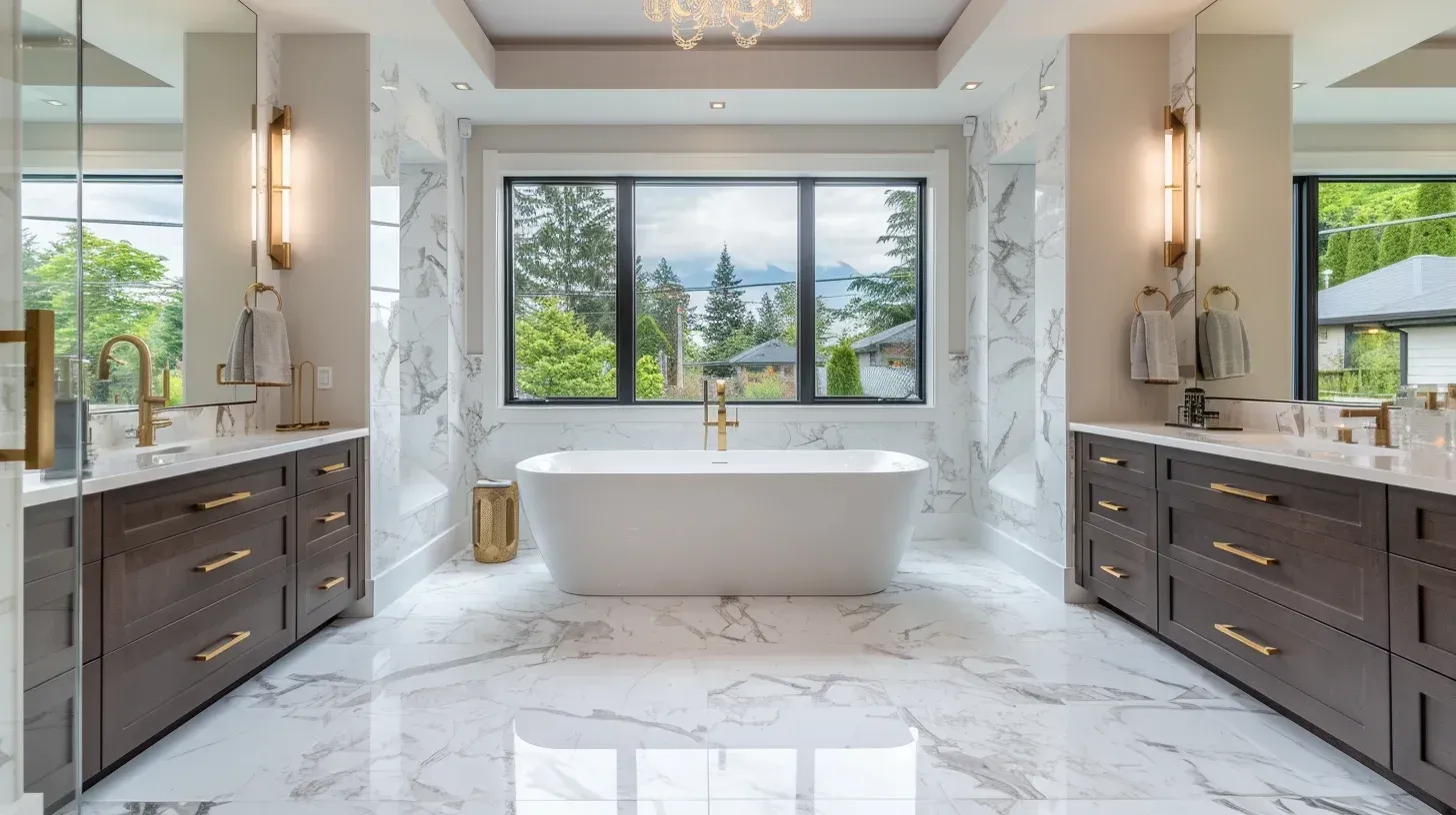 Luxury custom bathroom Vancouver with porcelain slab feature wall and brushed nickel hardware. LED recessed lighting enhances architectural detail. Designed for high-end residential properties.
Bathroom renovation Vancouver Lower Mainland including vanity refacing and mirror upgrade. Updated plumbing fixtures improve water efficiency. Affordable mid-range remodeling solutions available.
Vancouver BC bathroom remodel near me featuring double sink installation and quartz countertop fabrication. Waterproof underlayment protects subfloor structure. Completed under city permit approval.
High-quality bathroom renovation Vancouver BC with mosaic tile backsplash and floating vanity. Frameless glass shower door modernizes interior space. Delivered by trusted local renovation experts.
Complete bathroom remodeling Vancouver including tub replacement and porcelain tile flooring. Updated drainage system enhances performance. Turnkey design-build bathroom services offered.