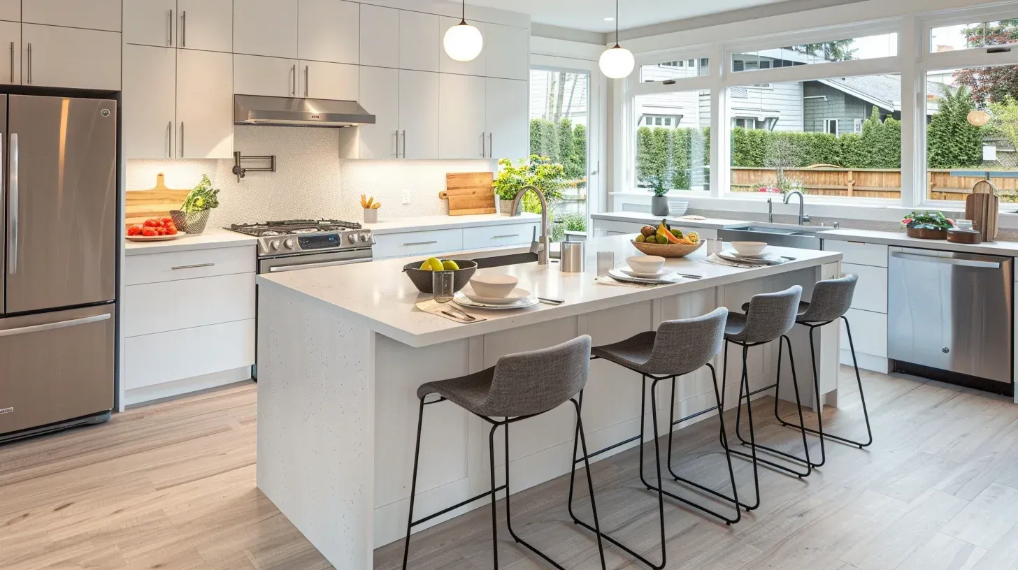 Modern white kitchen with island, stainless steel appliances, and large windows overlooking a backyard.