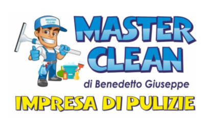 Logo Master Clean: uomo del fumetto con strumenti per la pulizia, testo blu e giallo, 