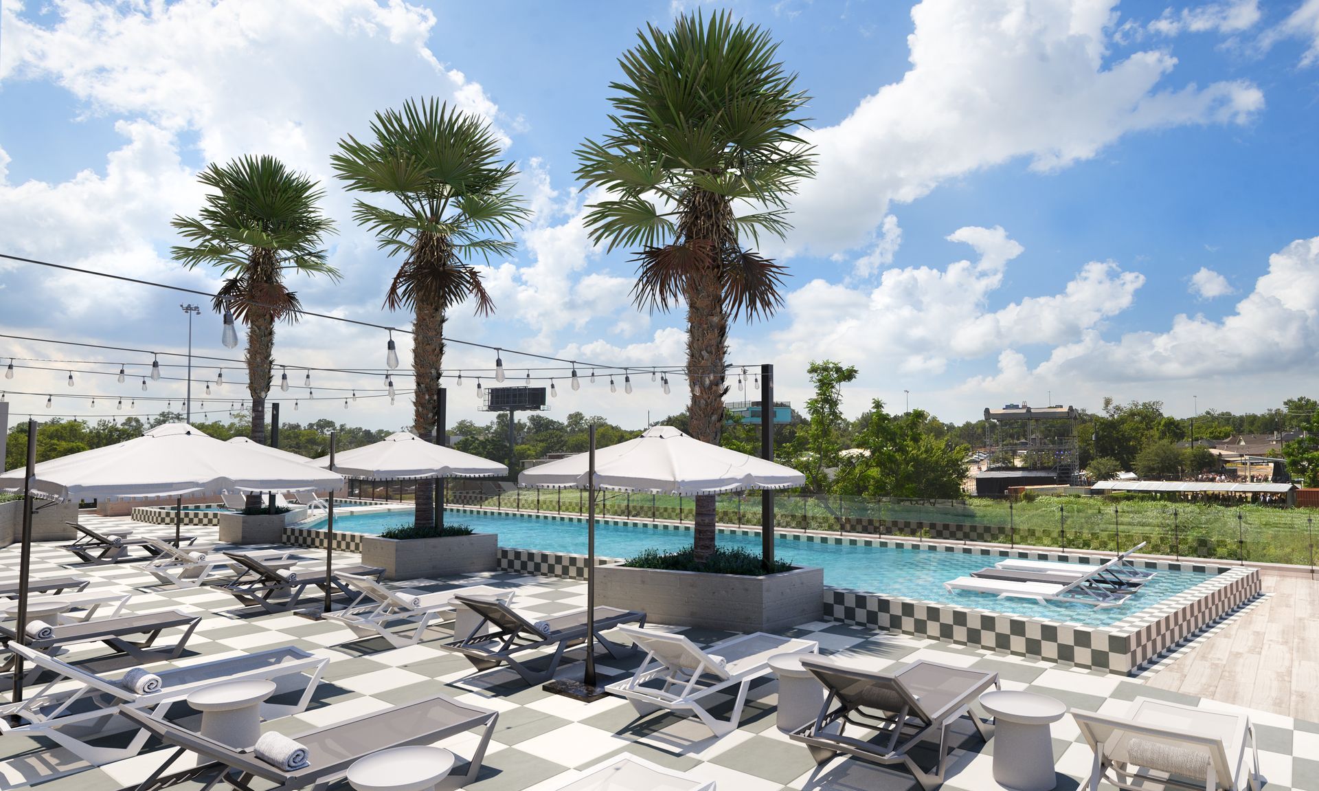 rendering of the swimming pool and sun deck outside Tempo at White Oake Apartments