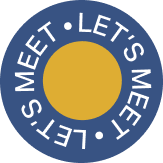 A blue circle with a yellow circle in the middle that says `` let 's meet ''.