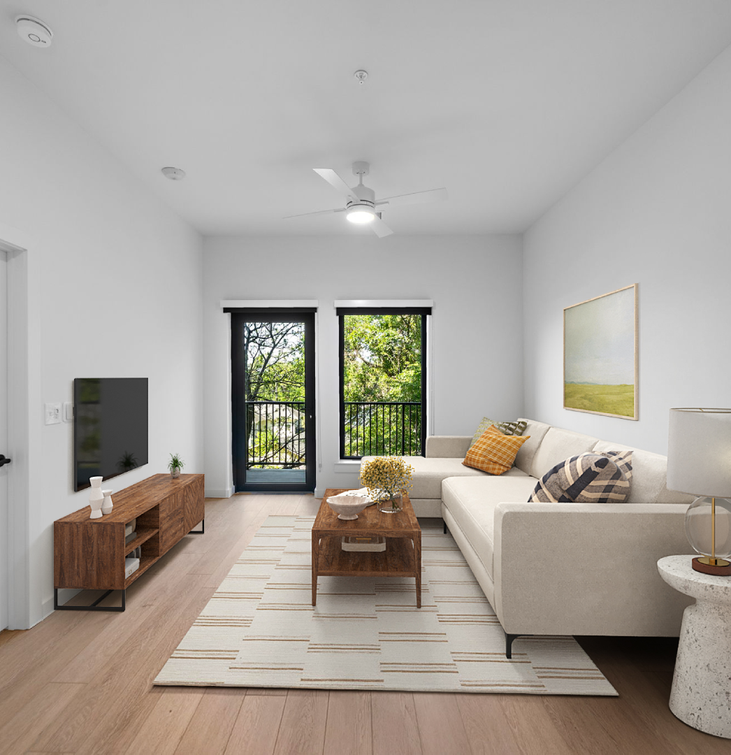 rendering of a Tempo at White Oak apartment with a balcony overlooking Houston, TX