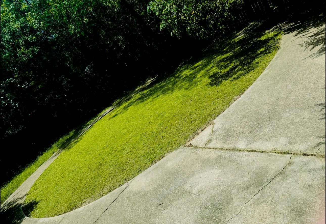 A concrete driveway with grass on the side of it
