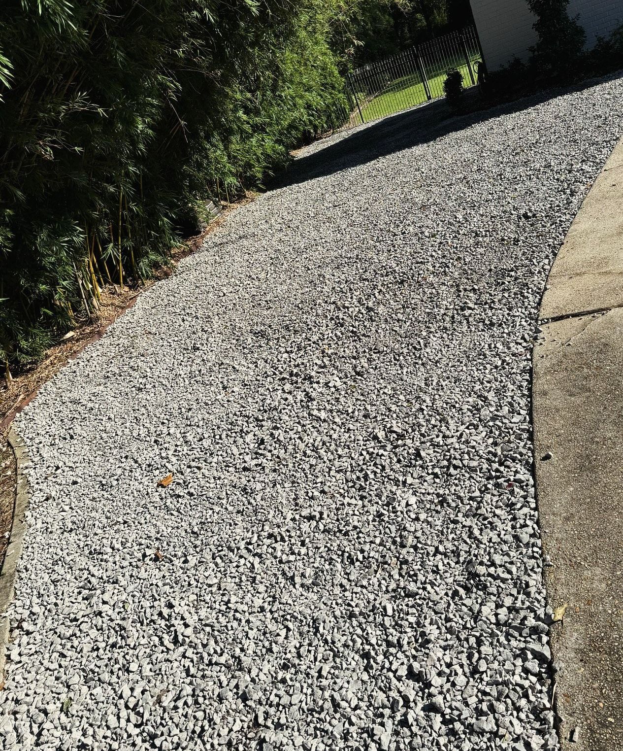 A gravel driveway leading to a house with trees on the side.