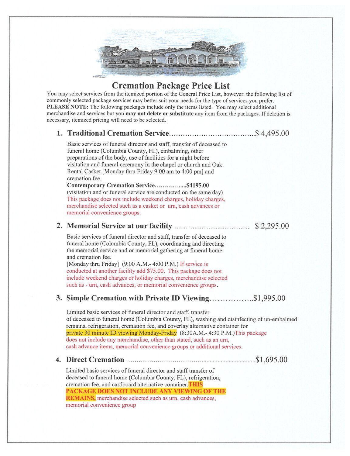 Cremation package price list with text, a building illustration, and prices.