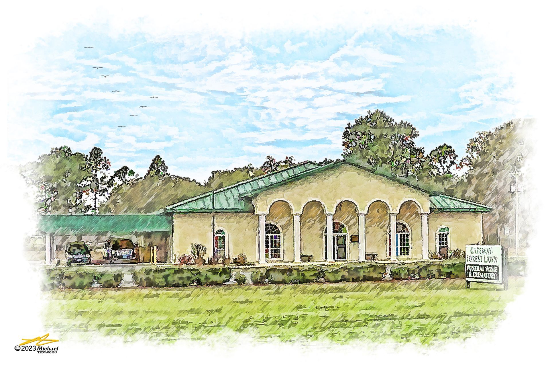 The front door of a house with a porch and plants in front of it.