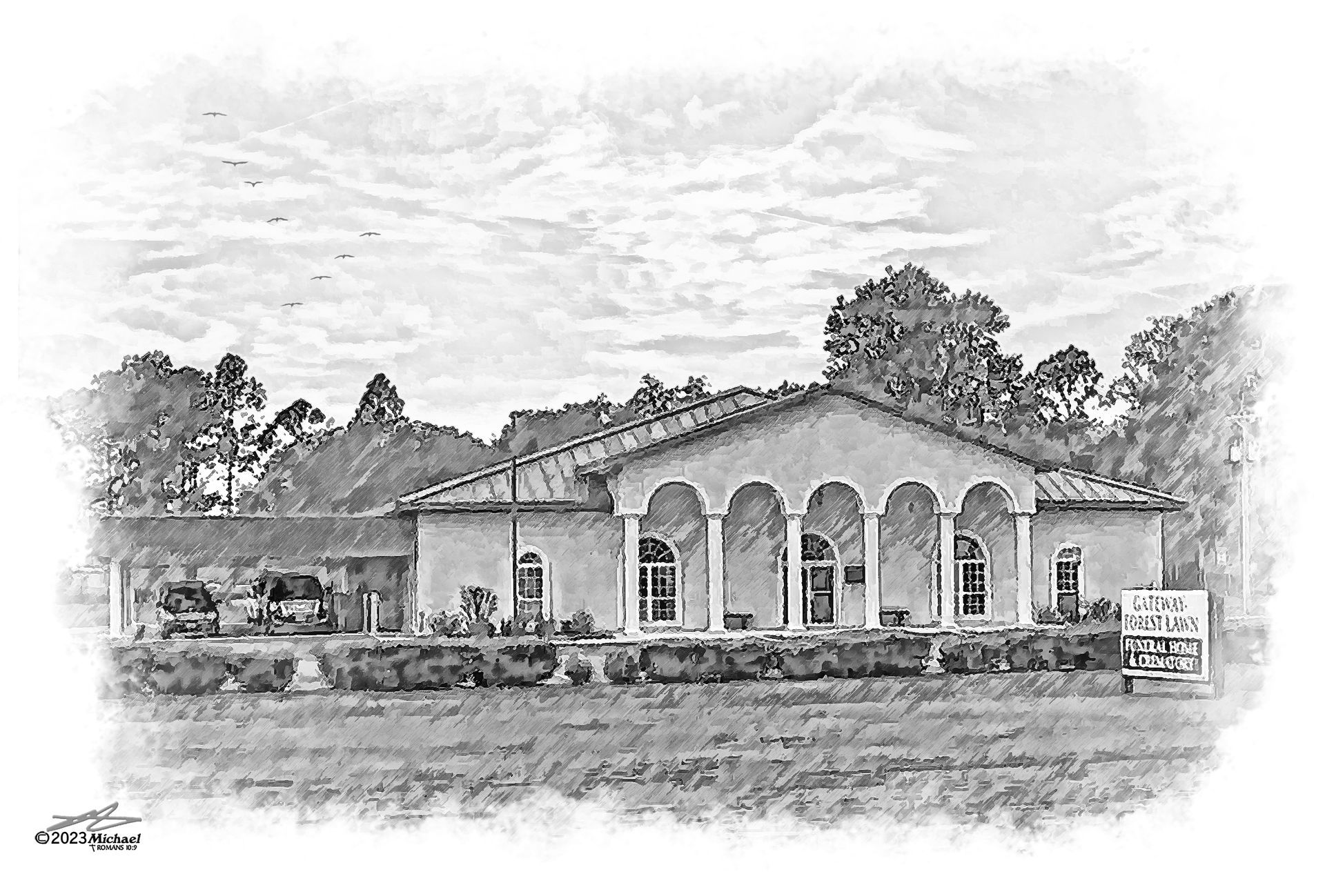 Sketch of a one-story building with a colonnaded porch, grassy lawn, and trees.