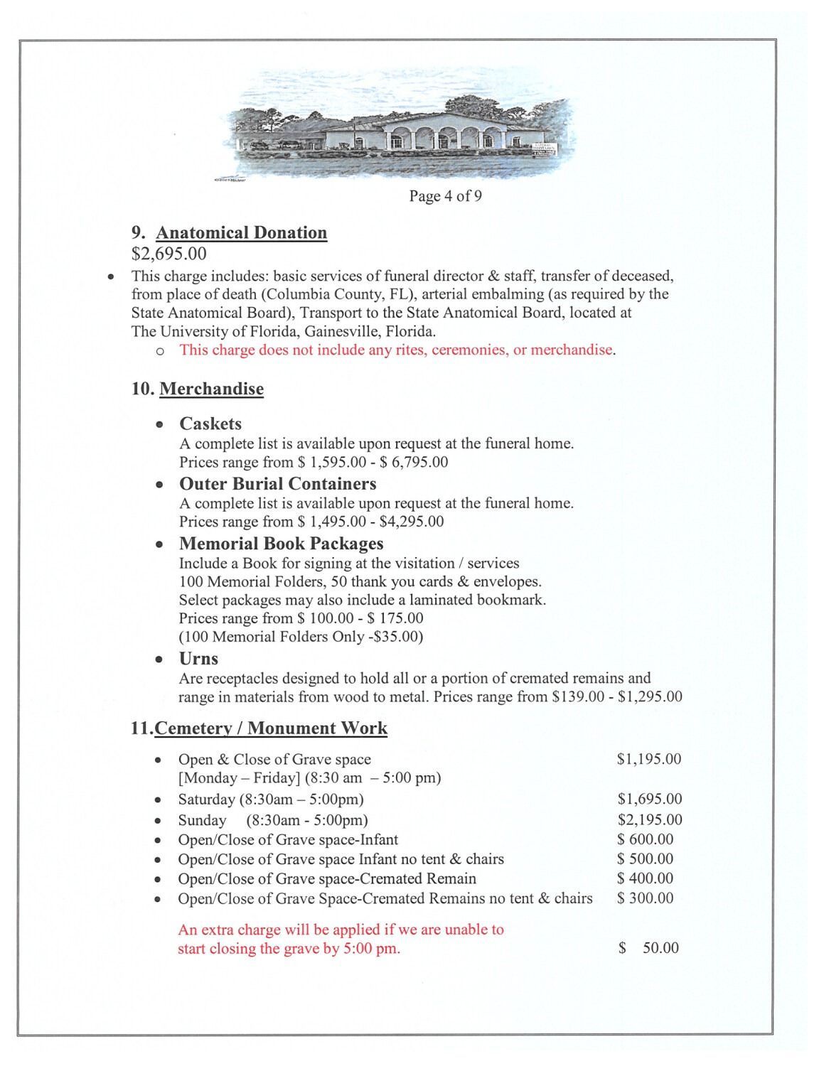 Document with donation information, including categories, prices, and event details.