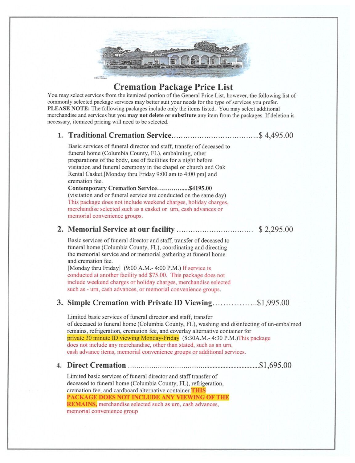 Cremation Package Price List with prices for different cremation services.