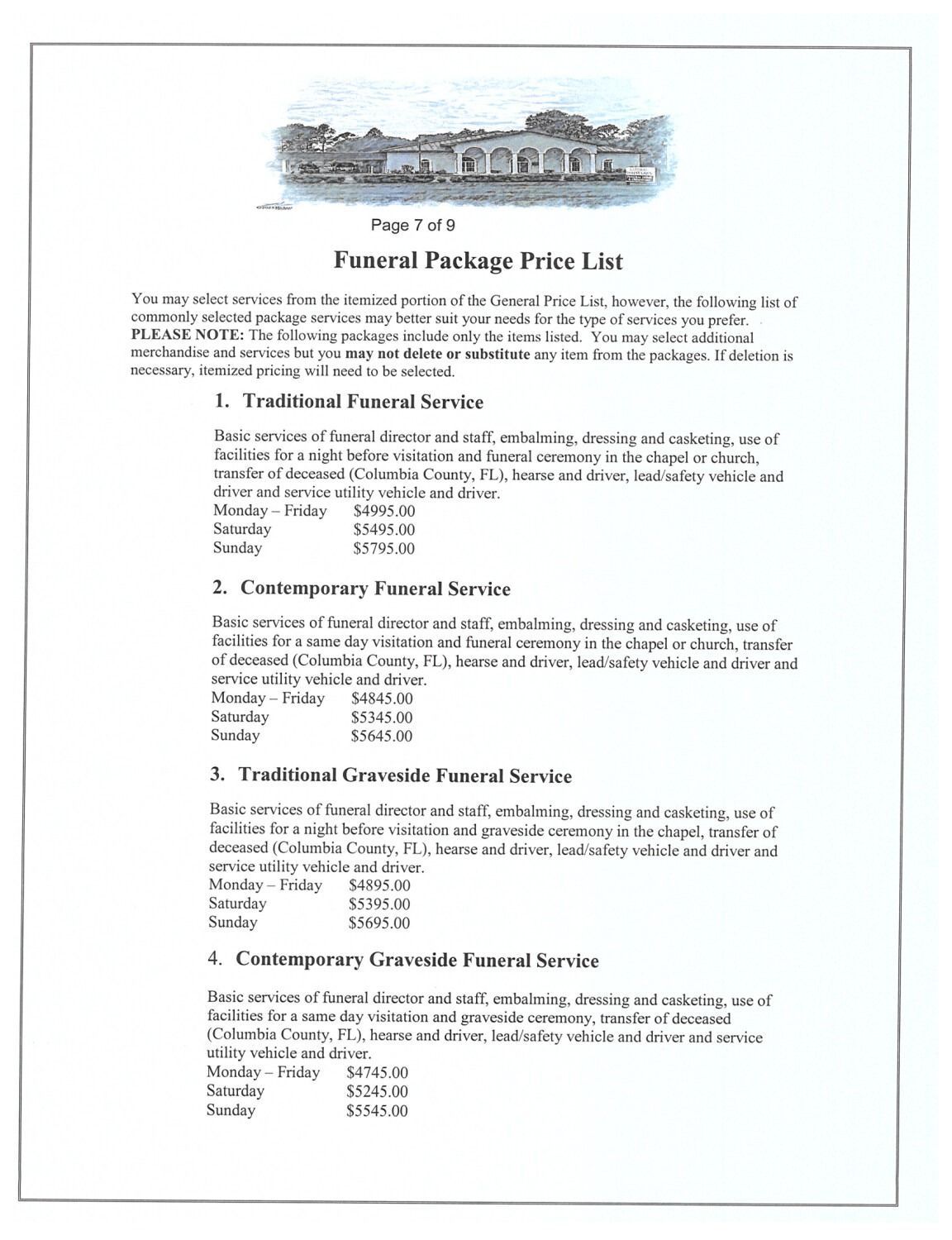 Funeral package price list document. Text with pricing for services offered.