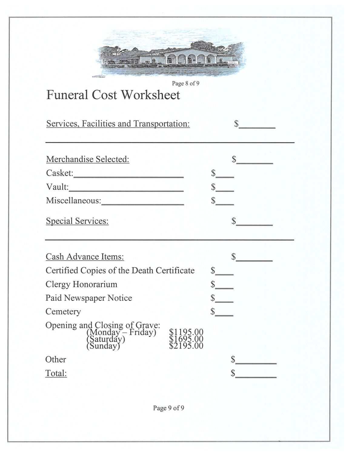 Funeral Cost Worksheet with blank lines for services, merchandise, and other expenses.