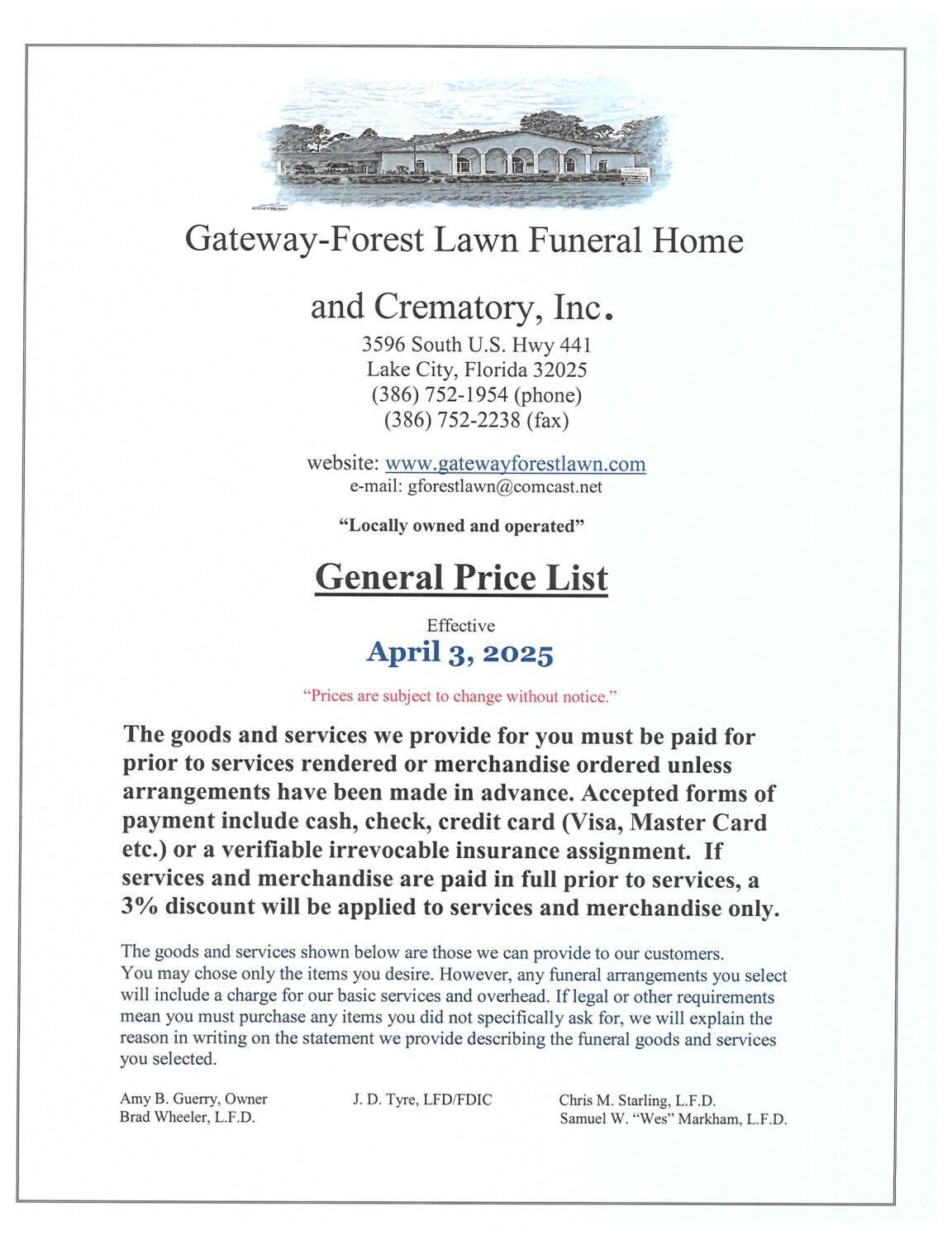 Funeral home price list with logo, address, and date of April 3, 2023.