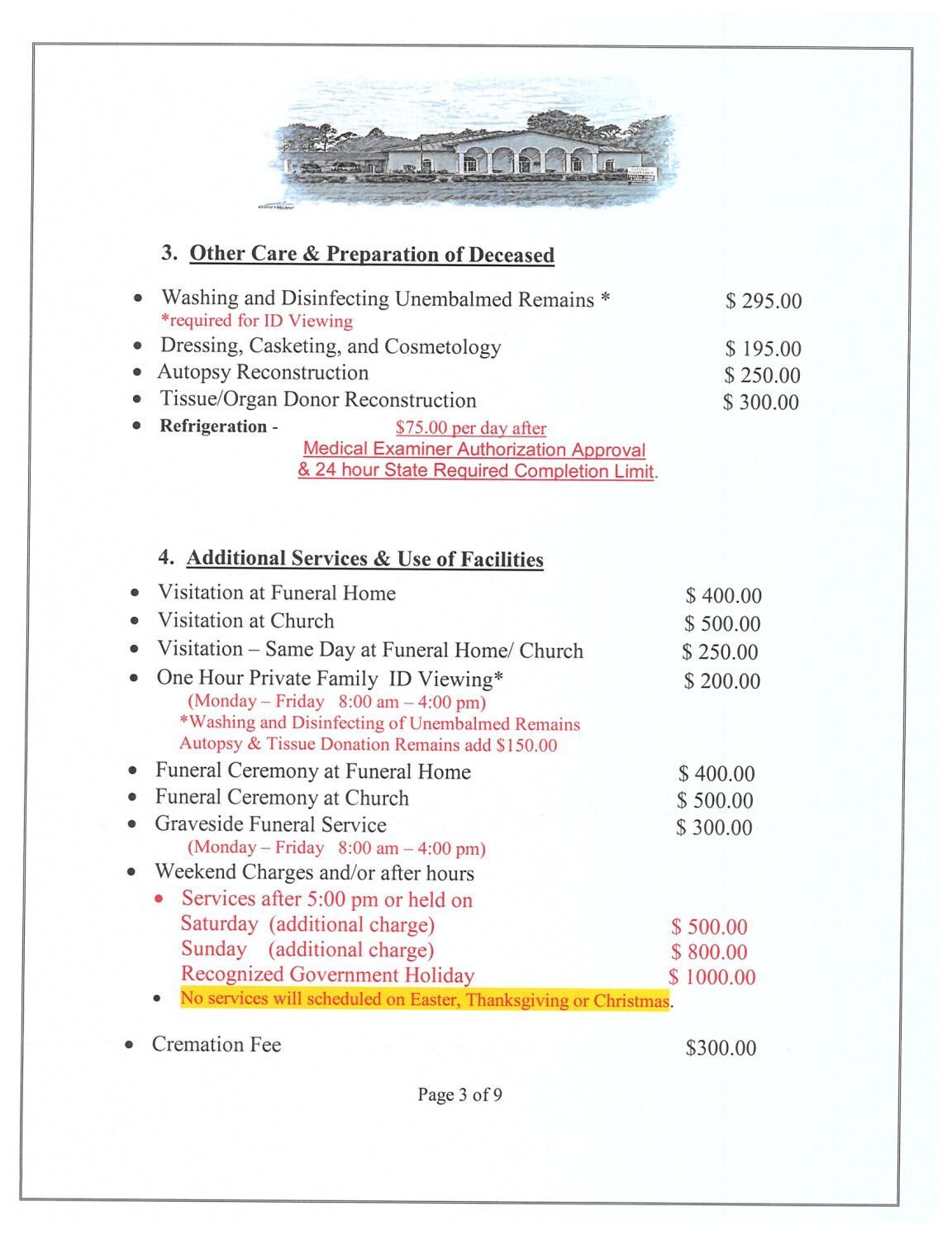 Funeral home price list with services and fees.