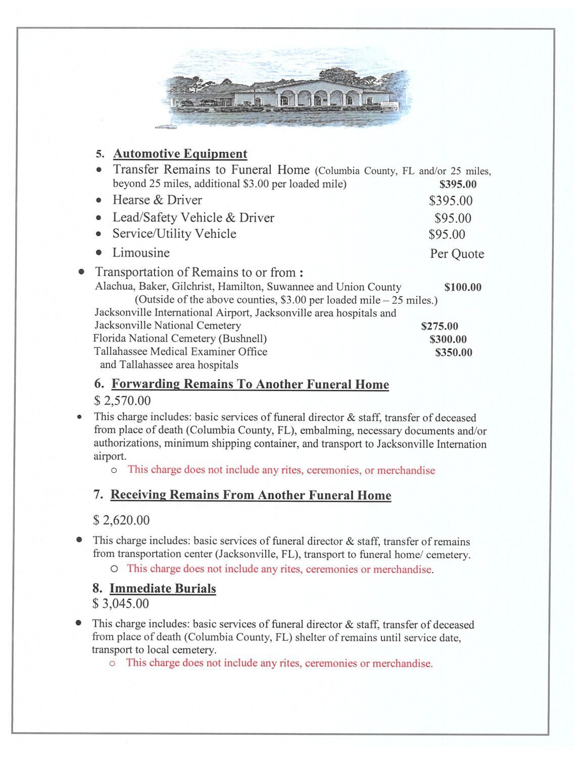 Document with a building image and lists of equipment, transportation, and rentals, with prices.