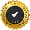 Golden badge with a checkmark, signifying approval or verification.