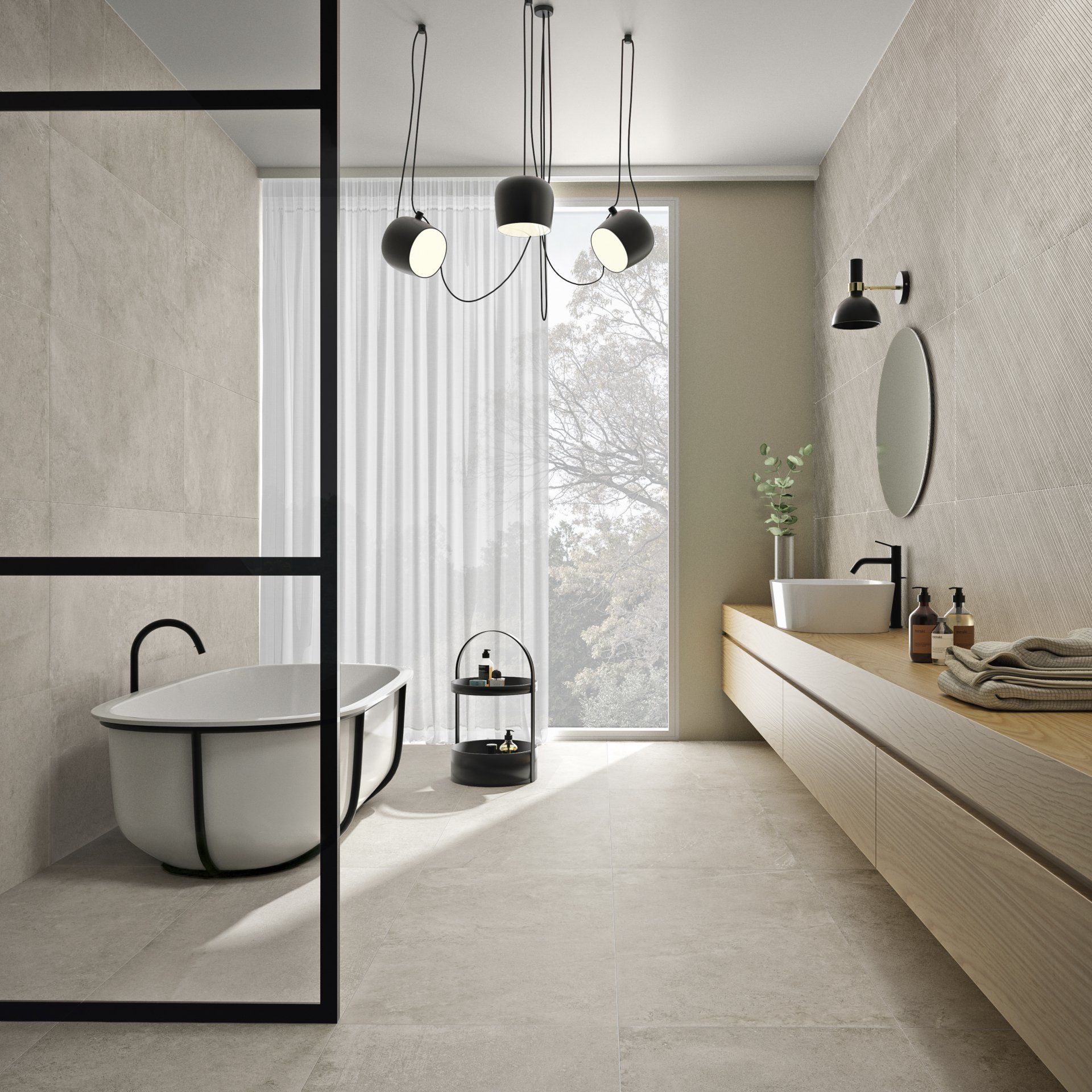 Baðherbergi með baðkari og tveimur vaskum