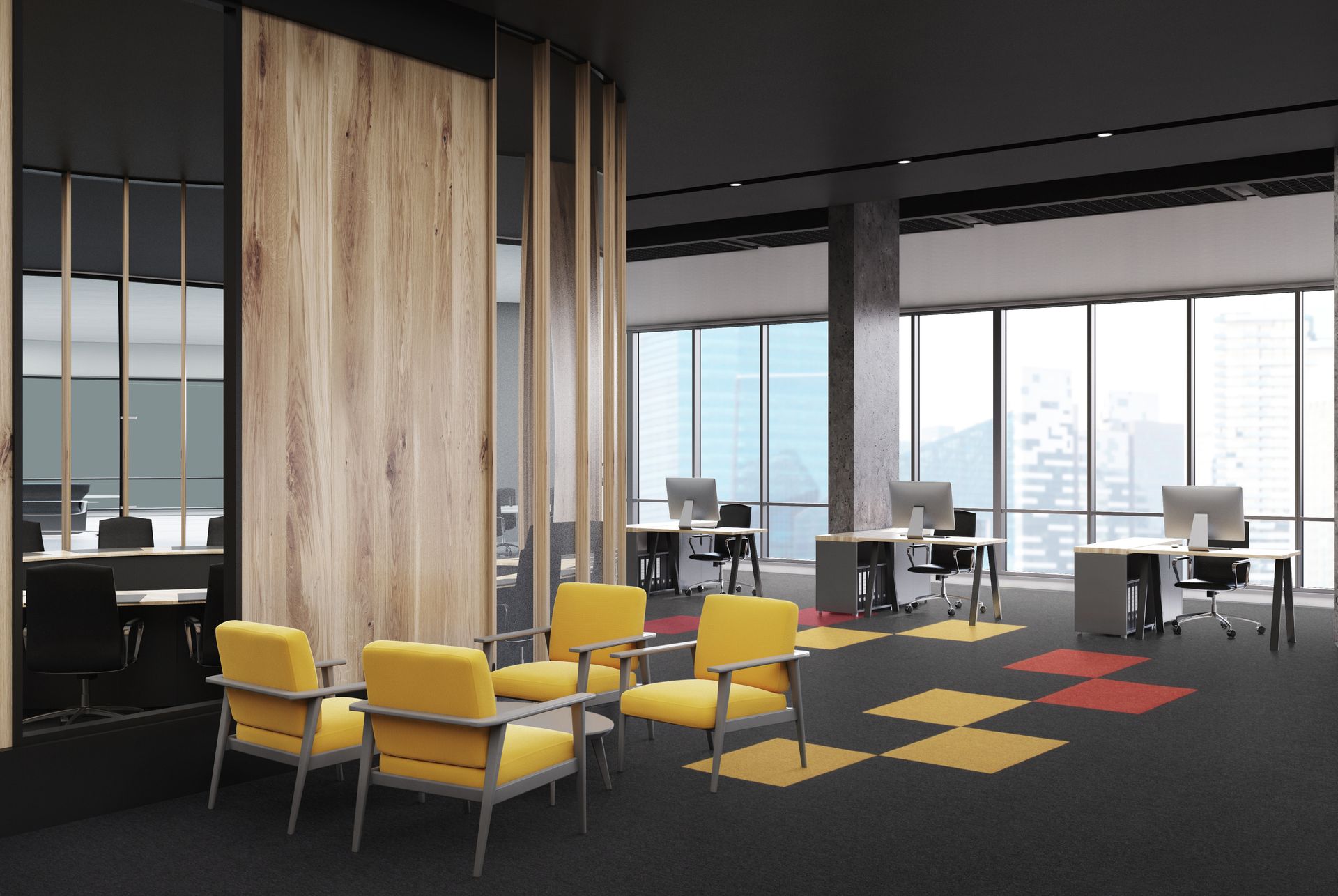 Stór skrifstofa með fullt af gluggum og stólum.