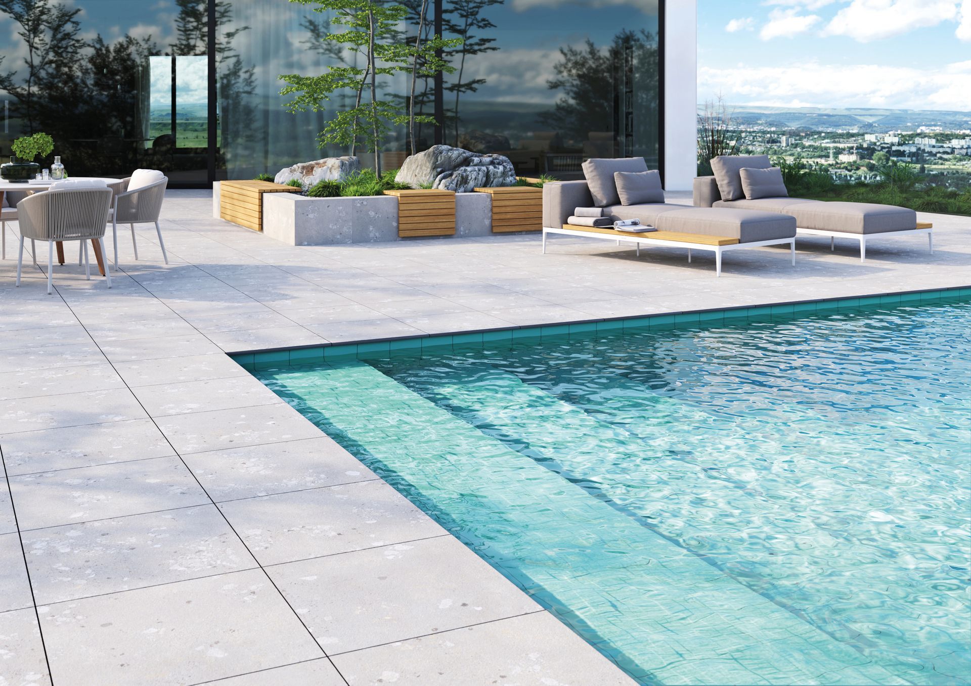 Stór sundlaug með útsýni yfir borgina