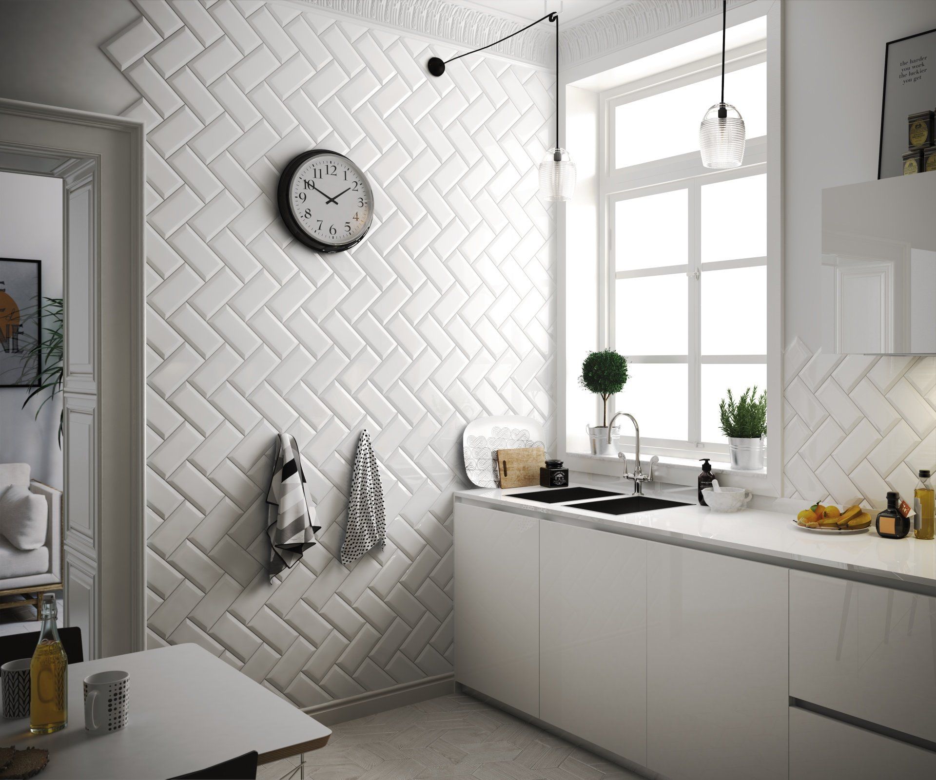 Eldhús með hvítum innréttingum og klukku á vegg