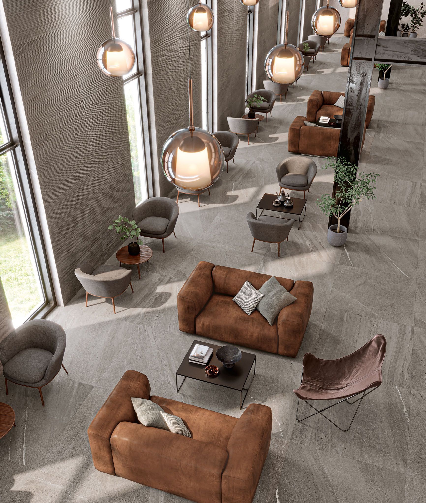 Loftmynd af stofu með miklum húsgögnum